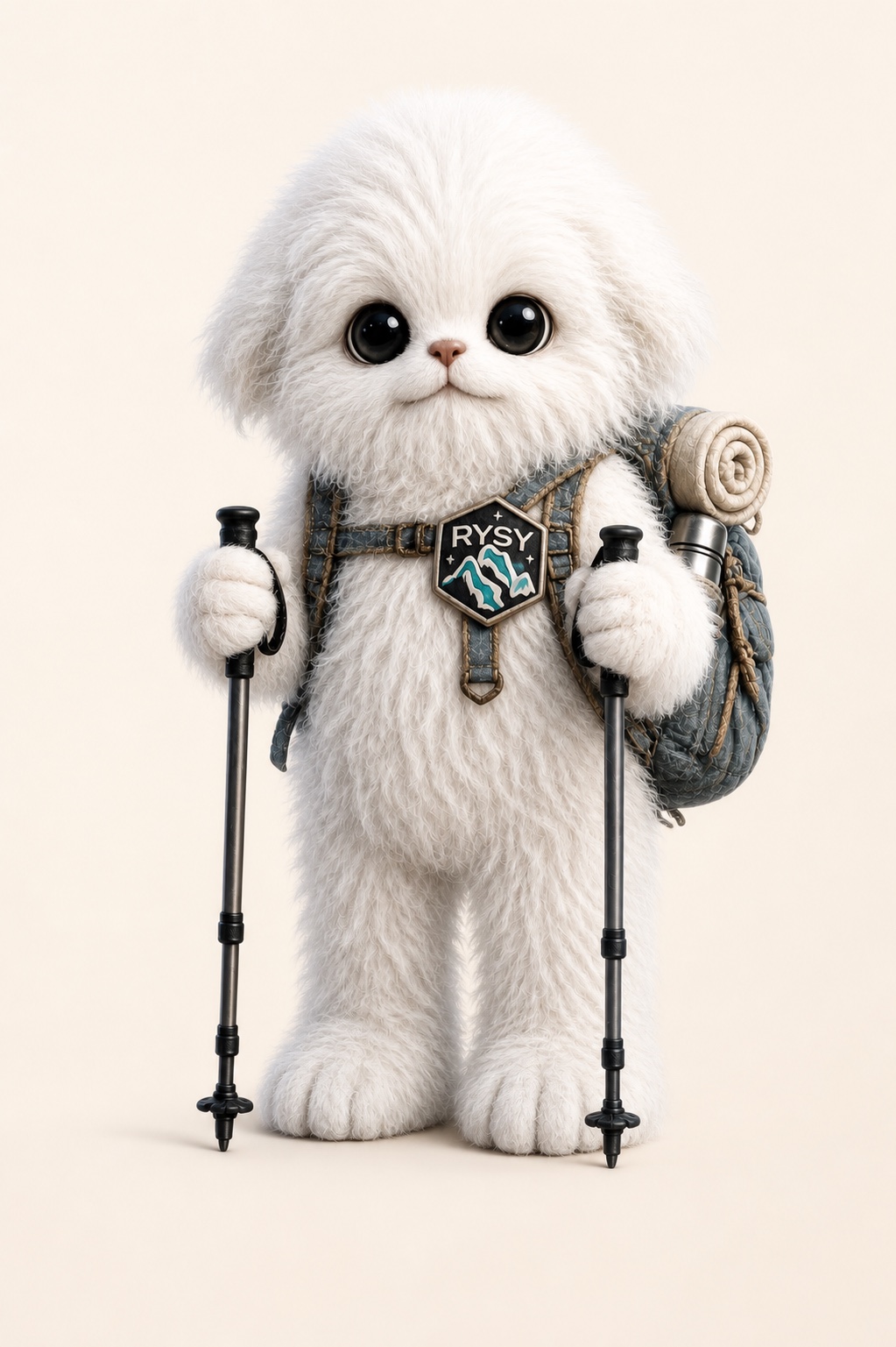 White 28 gór mountain mascot with trekking poles and a Rysy badge.